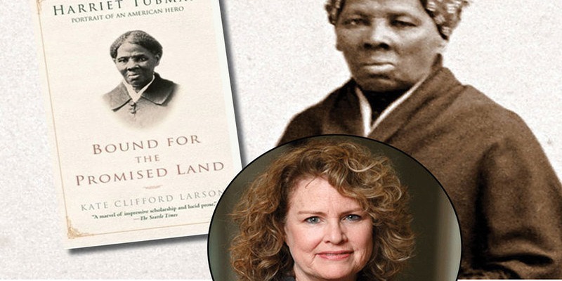 The author Kate Clifford Larson, below her book, "Bound for the Promised Land", next to Harriet Tubman