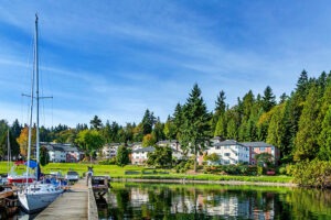 A view from the dock looking back at Covenant Living on the shore