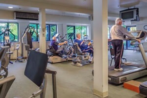 A gym with treadmils, recumbant bike machines and other work out equipment